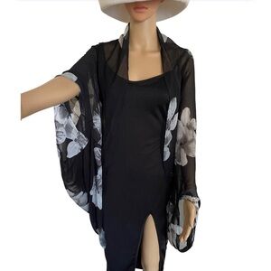 CALVIN KLEIN Black Floral Chiffon Wrap Kimono One Size